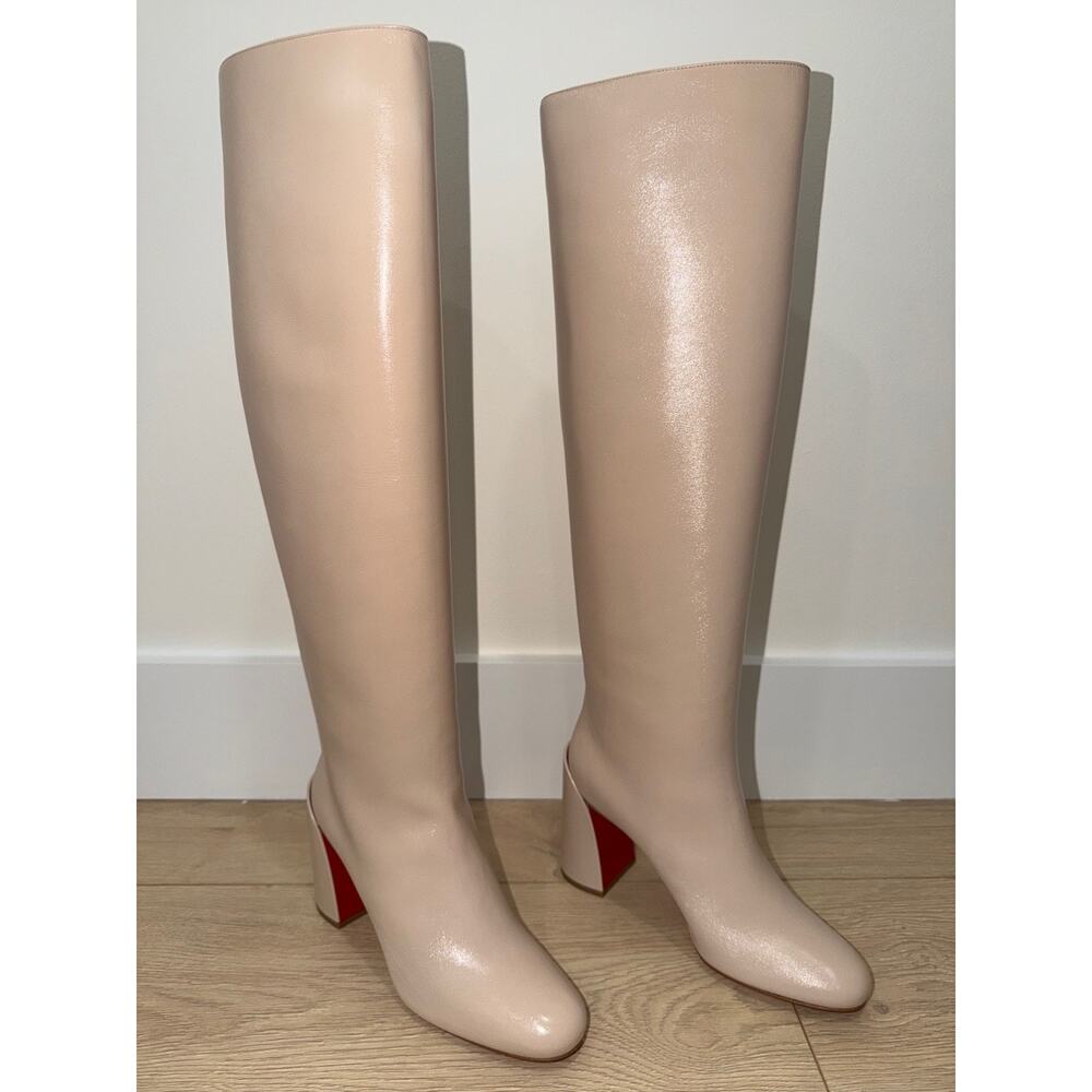 Christian Louboutin Janitta 85 Pearl Beige Leather Knee High Heel Boot 37.5 - Picture 6 of 16